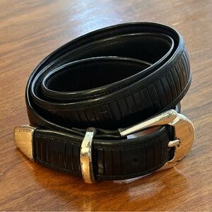 Mezlan Black Leather Belt | Made in Spain | Textured Panel Design